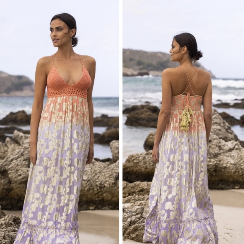 Miss June Purple, Gold, and Orange long dress